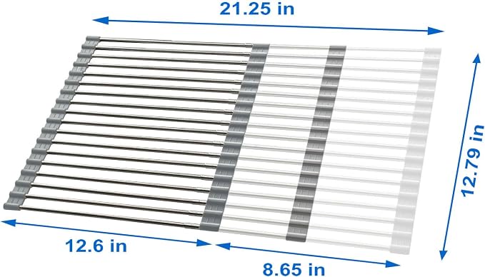 CHIRISEN Expandable Large Roll Up Dish Drying Rack, Foldable Over The Sink Dish Drying Rack, Rolling Dish Drainer Stainless Steel Roll Rack for Kitchen Sink Counter (Gray, 21.25x12.79in)