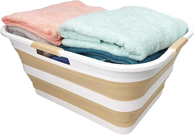 SAMMART 42 (11 Gallons) Collapsible Plastic Laundry Basket, Foldable Pop Up Storage Container/Organizer, Space Saving Hamper, Portable Bin for Dorm Room Bathroom (2, Starry Blue+Beige)