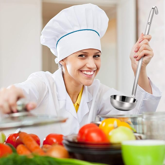 meekoo Stainless Steel Ladle Soup Handle Ladle with Pouring Rim for Kitchen Cooking Soup Sauce