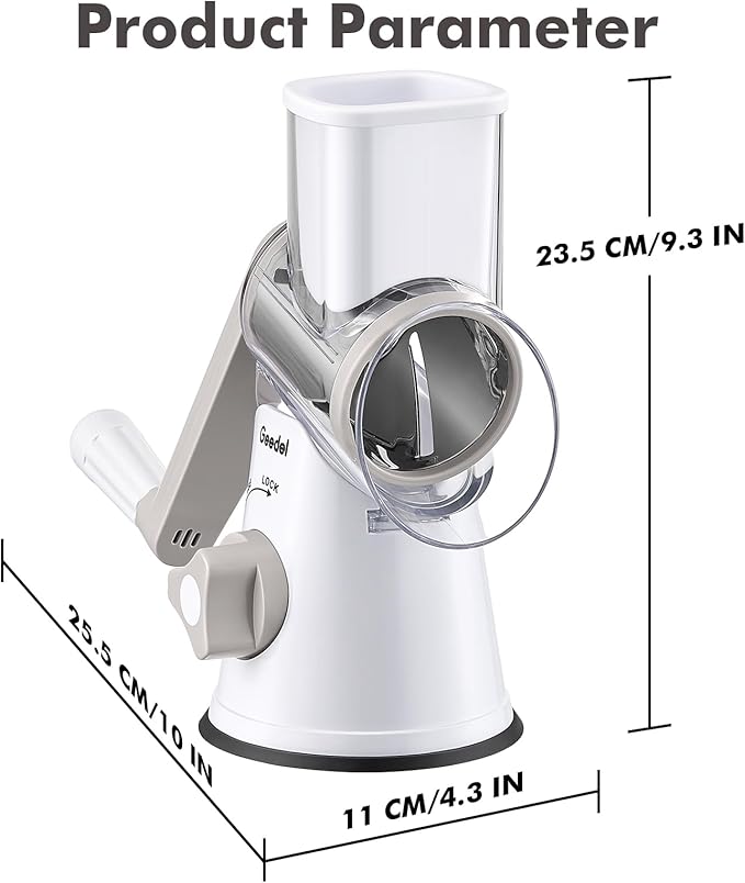 Geedel Rotary Cheese Grater, Kitchen Mandoline Vegetable Slicer with 3 Interchangeable Blades, Easy to Clean Rotary Grater Slicer for Cheese, Vegetables, Nuts