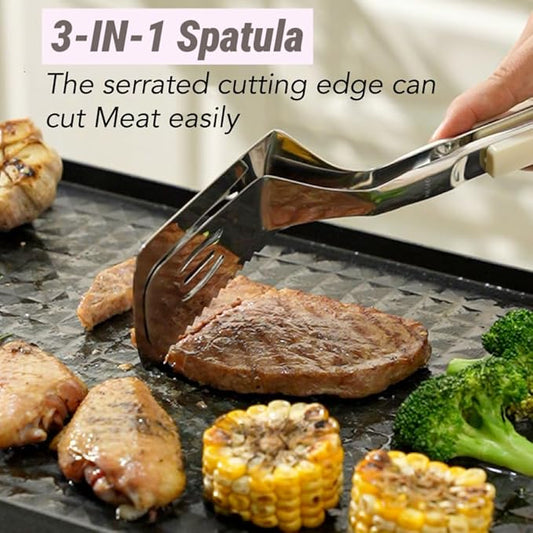 13.5-inch grill spatula cooking tongs, made of Premium 304 stainless steel, can be used to flip and cut food, making them the ideal outdoor gift for barbecue enthusiasts.(White)