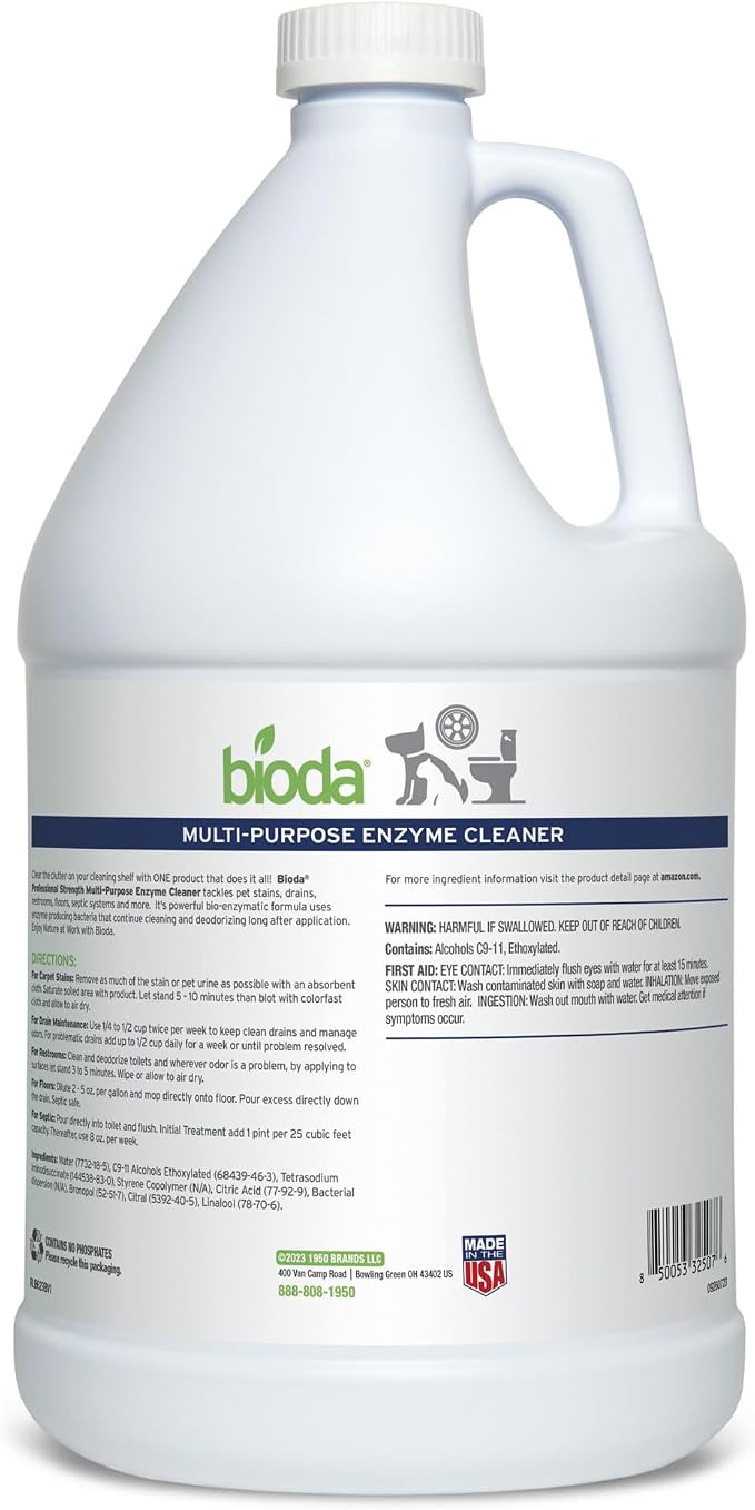 Bioda Multi-Purpose Probiotic Enzyme Cleaner and Deodorizer | Enzyme Cleaner, Trash Can Deodorizer, Pet Stains and Odors, Drains, Floors, Bathrooms, Toilets, Made in USA, 1 Gallon