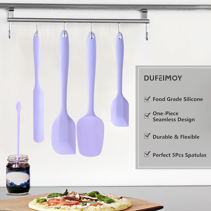 5 Piece Purple Silicone Spatula Set, Heat Resistant Rubber Spatulas Set, Silicone Kitchen Utensils Set Dishwasher Safe for Nonstick Cookware