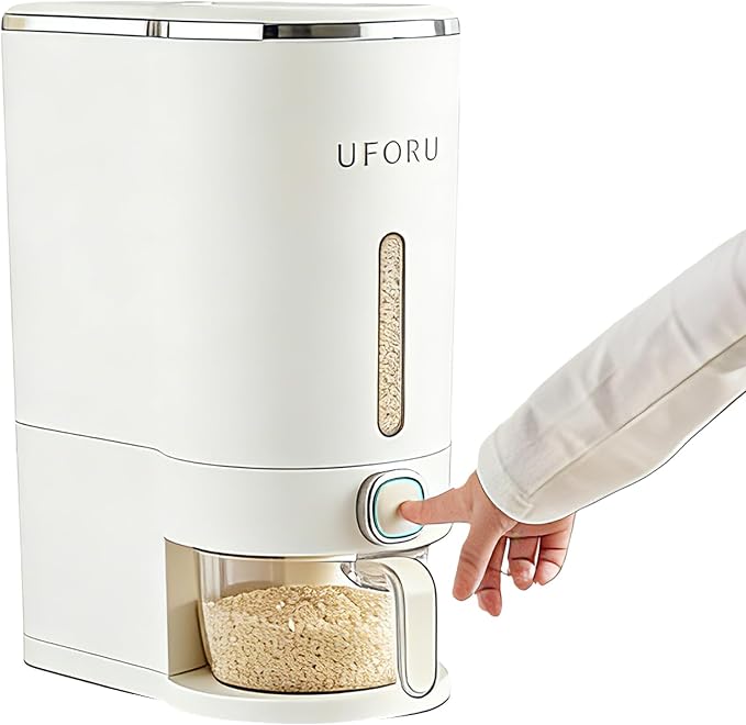 UFORU Rice Dispenser,23-25 Lb Rice Storage Container with Measuring Cup for Kitchen Pantry Household, Cereal Dry Food Storage Containers Airtight, Sealed Moisture Proof,White