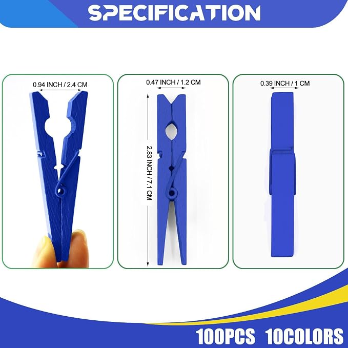 100 Pcs Blue Clothes pins - 2.9 Inch Wooden Clothespins Cheer Clips | Vibrant for Crafts Classroom Decorations Clothing Pictures Laundry Solid Wood No Splinters Fade‑Proof