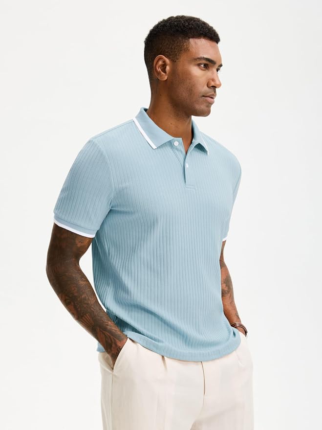 Comdecevis Men's Regular Fit Short Sleeve Knit Polo Shirts | Business casual, lightweight, breathable, stretch textured fabric, moisture wicking, easy care