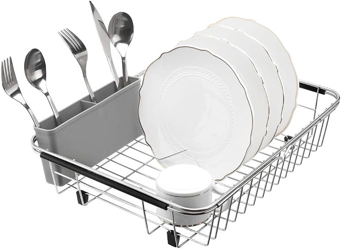 SANNO Plastic Utensil Silverware Storage Holder Caddy,Fit Kitchen Sink Drying Rack, Microfiber Dish Mat, Dish Drying Mat (Gray)