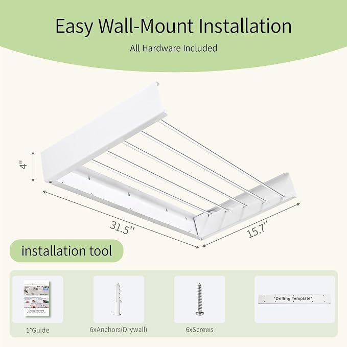 Wall Mounted Clothes Drying Rack Foldable 31.5" Laundry Room Space Saving | Heavy Duty 60 lb Load Drying Rack for Towels, t-Shirt, Jacket & DelicateClothes for Apartment, Bathroom, Laundry Room & RV