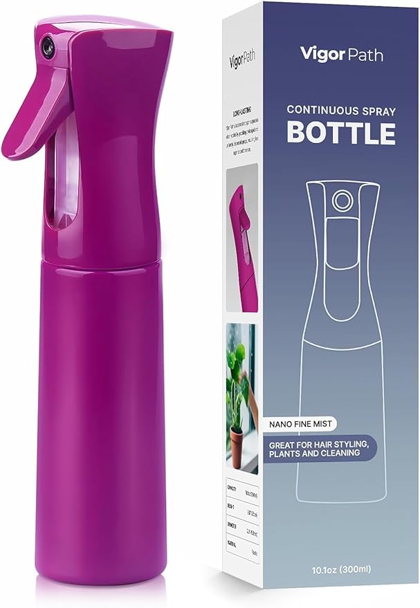 VIGOR PATH Continuous Spray Bottle for Hair – Fine Mist Mister for Hairstyling, Cleaning, Plants, Pets, Barbers, Salons, and Essential Oil Applications (300ml/10.1 oz) Light Purple