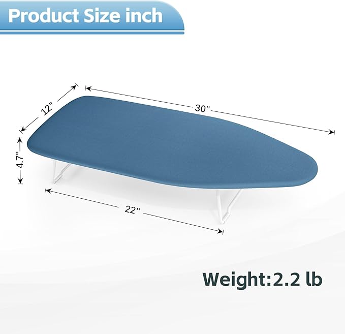 Small Ironing Board Tabletop with Heat Resistant Cover, Compact Mini Ironing Board with Metal mesh Frame,for Dorm,Apartment and Travel, Hook for Hanging, Iron Board 12x30, Iron Table Stand Pure Blue