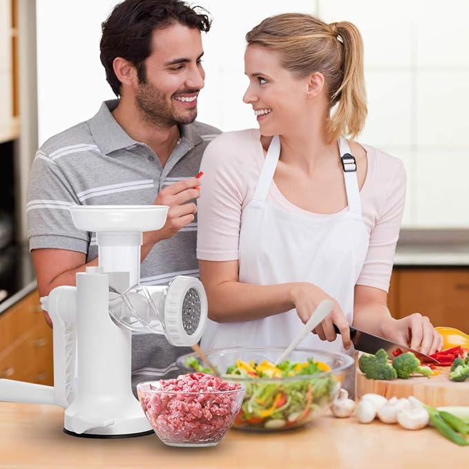 LHS Manual Meat Grinder, Heavy Duty Meat Mincer Sausage Stuffer,Hand Grinder with Stainless Steel Blades for Meat, Sausage, Cookies, Easy to Clean(3 in 1,White)