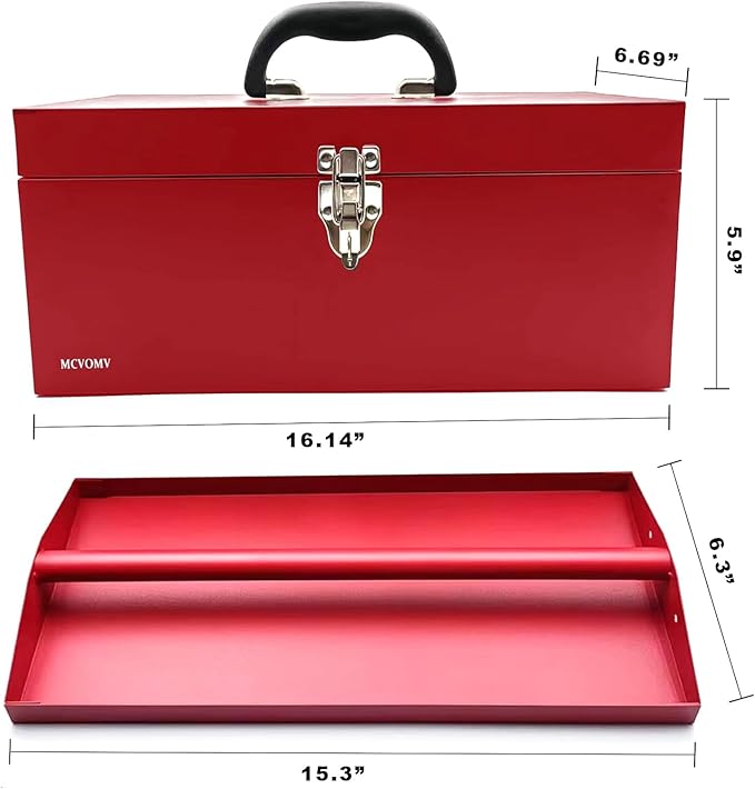 16" Portable Steel Heavy-duty Large Tool Box 18-Gauge Fishing Tackle Box Tool Box Drawer Organizer With Metal Latch and Handle Red