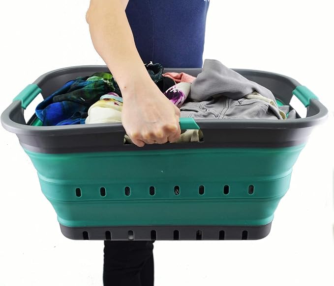 SAMMART 42L (11 gallon) Collapsible Plastic Laundry Basket - Foldable Pop Up Storage Container/Organizer - Portable Basket - Space Saving Hamper/Basket (2, Grey/Turquoise Blue)