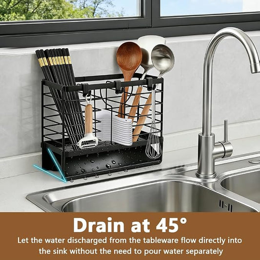 Stainless Steel Utensil Holder, Utensil Drying Rack with Drain Tray, 3 Compartments Kitchen Counter Drainer Basket Cutlery Organizer for Forks, Chopsticks, Spoons(Color:Black)