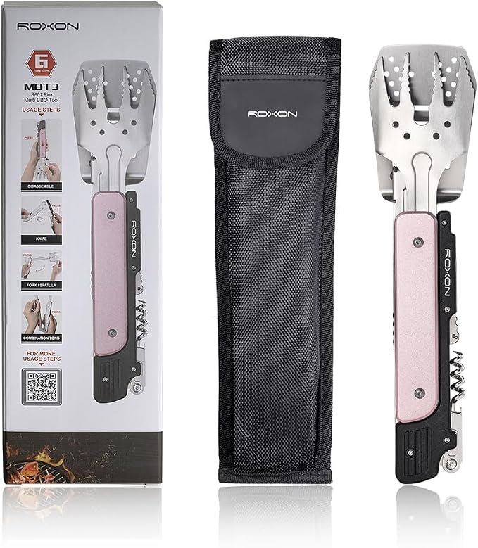 ROXON S601 6-in-1 Folding Grill Tool Set, 14" BBQ Utensils for Camping Pink | Includes Fork, Spatula, Knife, Tongs, Bottle Opener & Corkscrew. LFGB Certified, Dishwasher-Safe, Portable for Outdoor BBQ