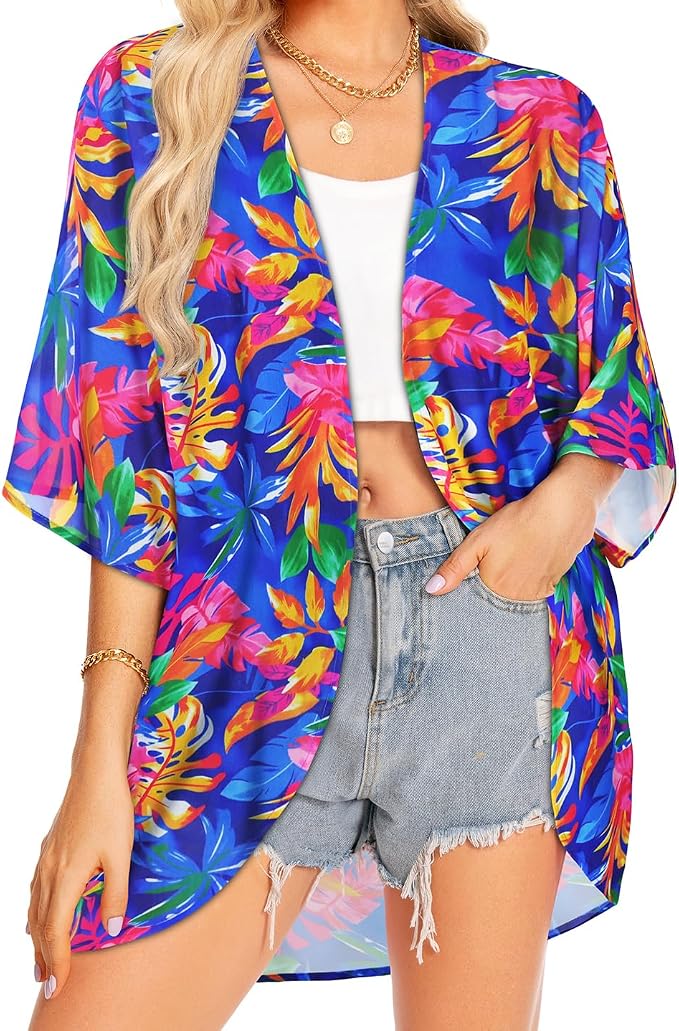 Women Kimono Cardigans Summer Cover Up Hawaiian Shirts Floral Print Tops | ROSEMIA chiffon kimono open front cardigans, beach cover ups, daily casual tops, cruise outfits, summer resort wear