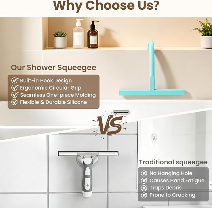 Shower Squeegee for Glass Doors - 10 Inch Bathroom Squeegee with Ergonomic Round Grip, Built-in Hook, Streak-Free No-Squeak Silicone Blade for Shower Glass, Tile Walls, Mirrors & Windows, Mint Green