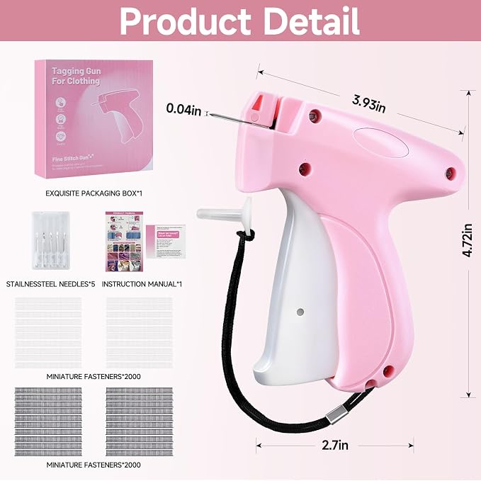 Pink and White Stitch Gun for Clothes - Quick Stitch Sewing Gun for Clothing Fixer Includes 2000 Black Fasteners & 2000 White Fasteners with 6 Need