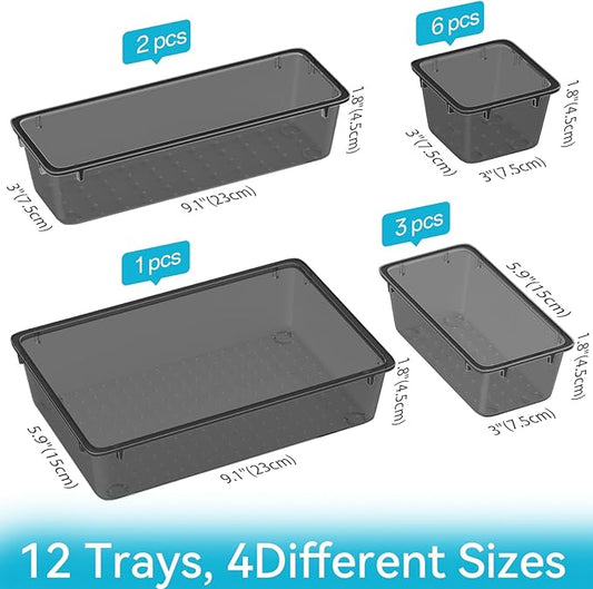 ElegantArray 12-Piece Drawer Organizer Set, 4 Sizes Versatile Plastic Vanity Organizer for Makeup, Stationery, Gadgets, in Kitchen, Bathroom, Office, and Bedroom, Black