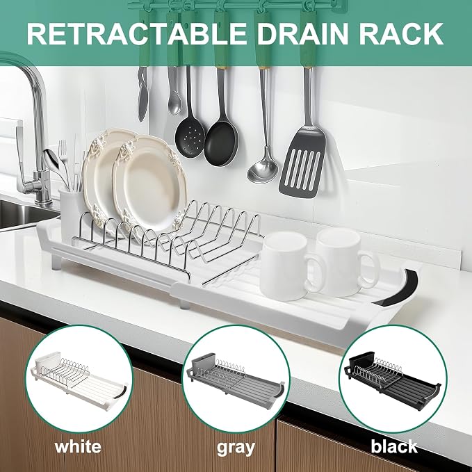 Dish Drying Rack - A Compact, Space-Saving Stainless Steel Rust-Resistant Dish Drainer Specifically Designed for Kitchen and Apartment Countertops/Sink Cabinets,11.42 to 19.9 Inches (White2)