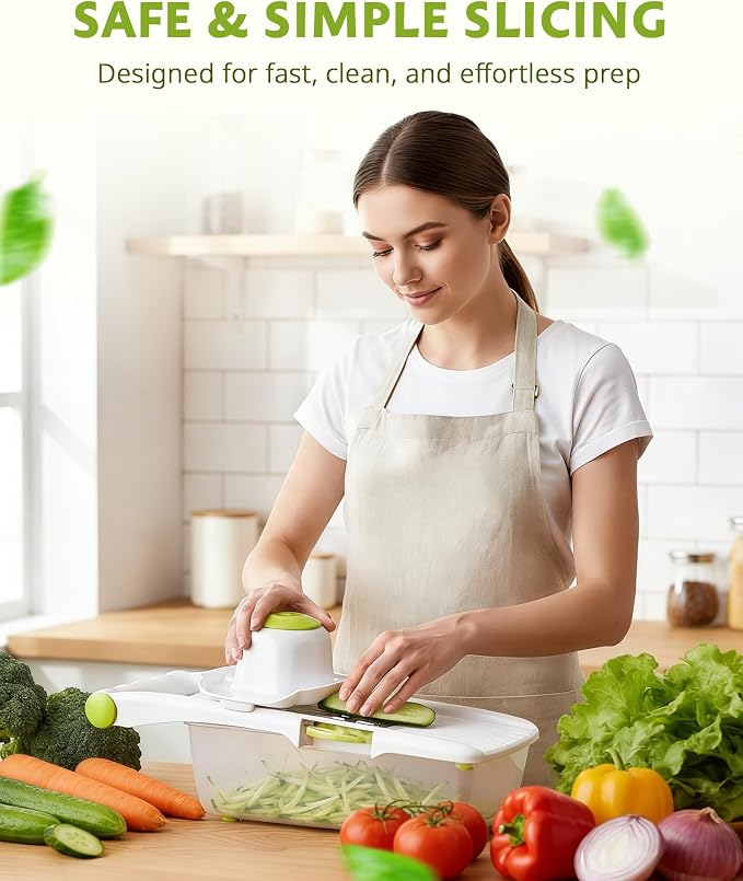 ADOV Mandoline Slicer for Kitchen, Adjustable Mandoline Food Slicer, Vegetable Slicer for Potato, Onion, Cucumber, Veggie Slicer, Multifunctional Vegetable Chopper with Container, Essential Kitchen
