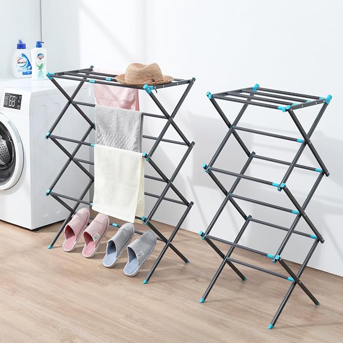 APEXCHASER Oversize 3-Tier Clothes Drying Rack, No Install, Graphite | Expandable Design, Non-slip feet, Tool-free Setup, Rust Prevention, Sturdy Construction, 14.9" D x 29.3" W, Holds 24lbs