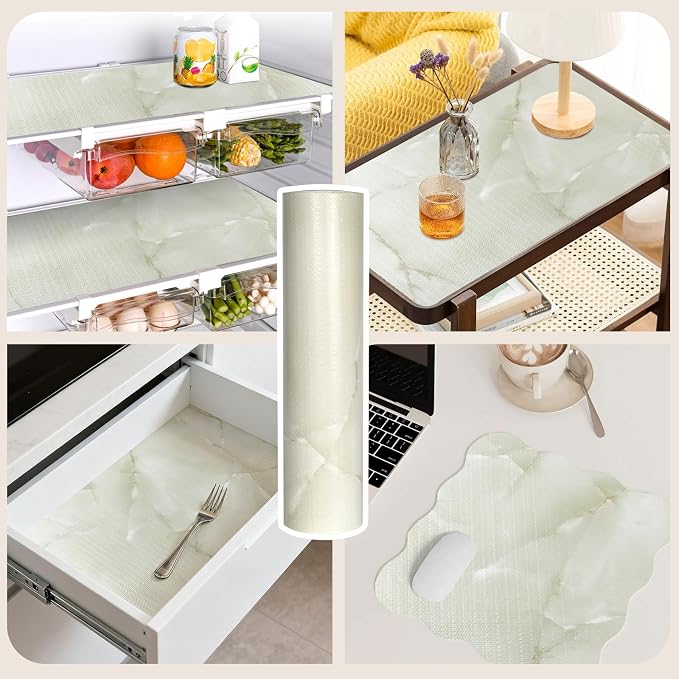 2-Layer Drawer and Shelf Liner for Kitchen Cabinet: 12in X 20Ft Non Slip | Waterproof Shelf Paper Non Adhesive Refrigerator Liners Cyan Marble Easy Liners for Bathroom with Knife Tape Measure