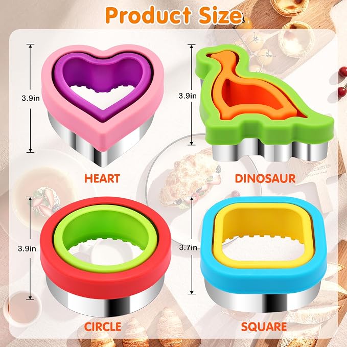 HINZER Sandwich Cutter and Sealer Set 4 Pcs Bread Decruster Sandwich Cutter Pancake Maker Heart Square Circle Dinosaur Shape DIY Cookie Cutters Gift for Kids Adult Boys Girls