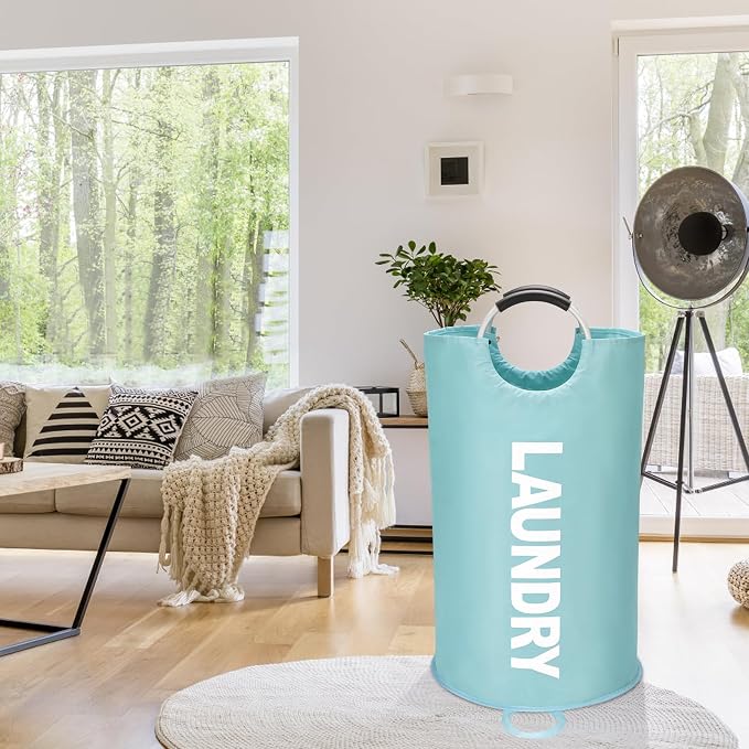 Maxsilan 125L X-Large Laundry Basket Bag, Collapsible Hamper, Light Blue | Freestanding tall laundry bag & foldable washing basket. Large capacity clothes storage bin with durable sturdy handles
