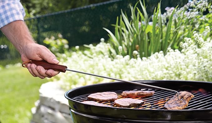Outset Rosewood Handle Grill Meat Hook, BBQ Pigtail Food Flipper, 20 Inch, Stainless Steel
