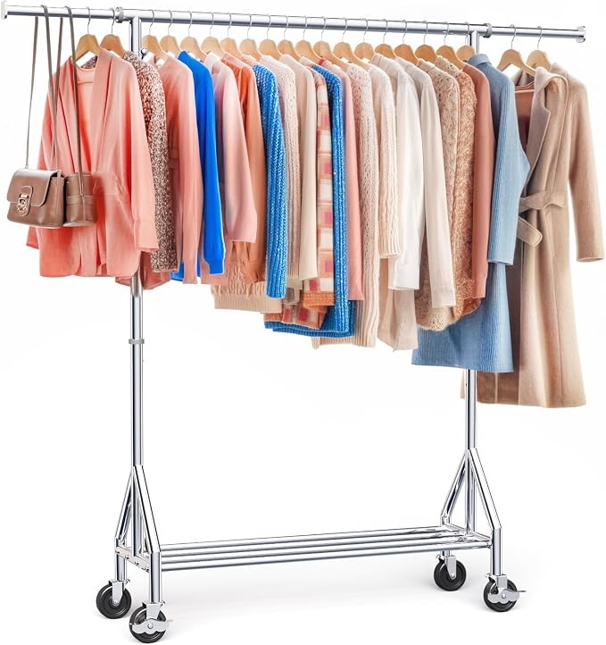 TigerParty Heavy Duty Clothes Rack for Hanging Clothes, Rolling Garment Rack, Adjustable Free Standing Organizer with Wheels, Space-Saving Design for Bedroom Laundry Living Room (Silver)