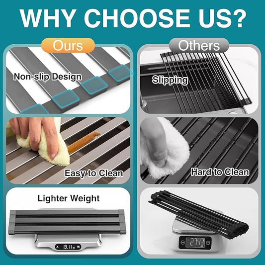 COOL-ANGLE Aluminum Roll Up Dish Drying Rack Over The Sink, 17.7" x 13.4" Rust-Proof Foldable Dish Drainer Mat, Heat Resistant Trivet & Kitchen Sink Cover, Fits Sinks up to 16.8" Wide, Matte Gray