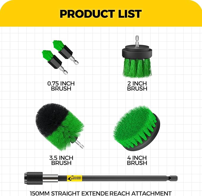 Holikme 6Pack Drill Brush Power Scrubber Cleaning Brush Extended Long Attachment Set All Purpose Drill Scrub Brushes Kit for Grout, Floor, Tub, Shower, Tile, Bathroom,Scrub Brush Green