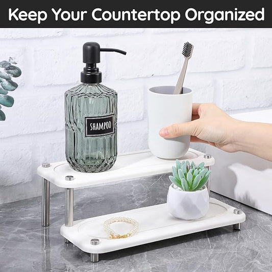 Segbeauty 2 Tier Instant Dry Counter Organizer, 11x4.3in Quick Dry Diatomaceous Earth Stone Drying Tray, Water Absorbing Stone Fast Drying Countertop Rack Sponge Soap Holder for Kitchen Bathroom White