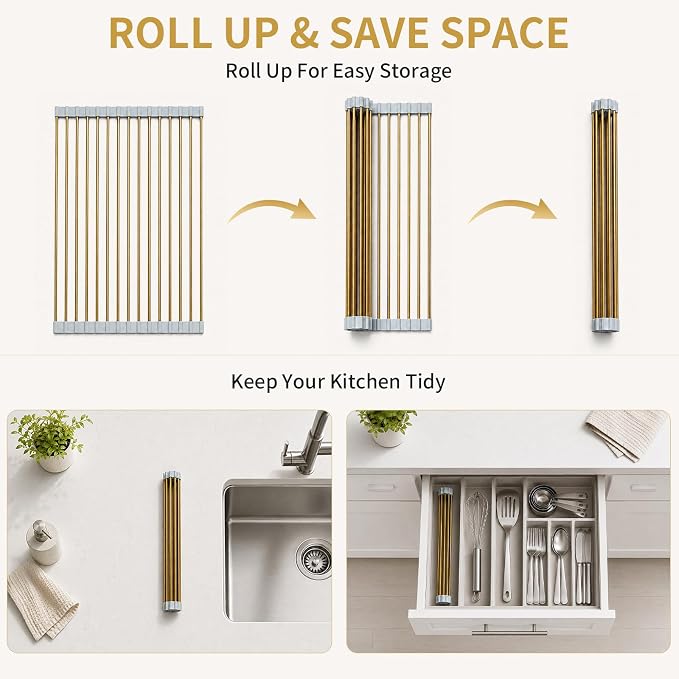 Gold Roll Up Dish Drying Rack Over Sink, Foldable Stainless Steel Drainer Non-Slip Sink Drying Rack Sink Accessories for Kitchen Countertop (17.8ร15.7in)