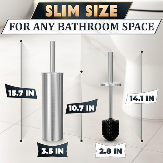 Stylish Stainless Steel Toilet Brush and Holder Set - Silver Toilet Bowl Brush and Holder with Splash Cover, Sturdy Bristles, Corrosion & Scratch Resistant - Elegant Design, Effective Deep Cleaning