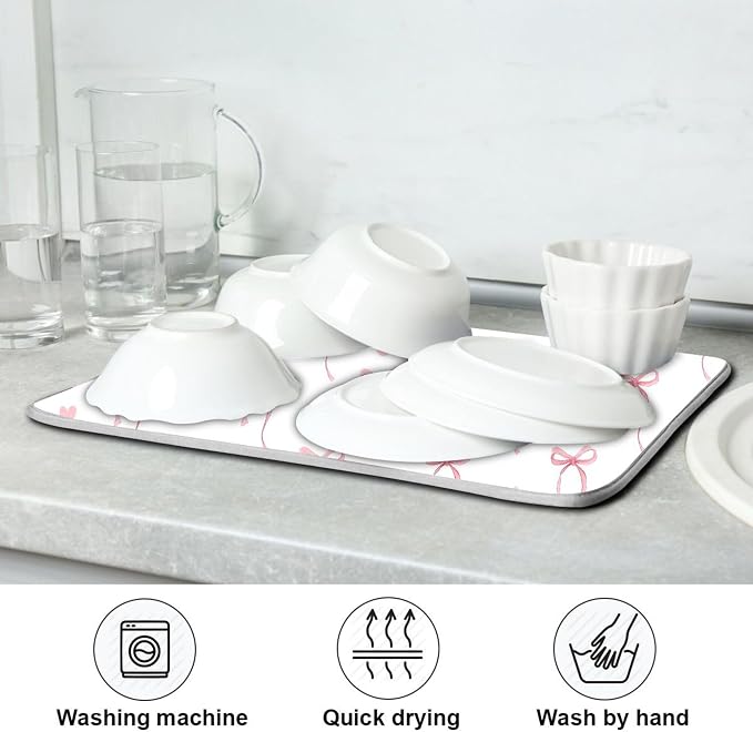 Pink Ribbon Bow Dish Drying Mat Quick Absorbent 18x24 Cute Bow Tie White Kitchen Drying Mat for Countertop Sink Reusable Dishes Mats Kitchen Essentials