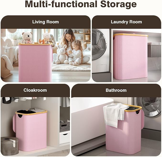 Hampers for Laundry Basket with Lid, 160L Large Laundry Hamper 3 Section | Dirty Clothes Hamper Separator with 3 Removable Bags & 5 Labels, Divided Laundry Organizer for Bedroom, Laundry Room, Pink