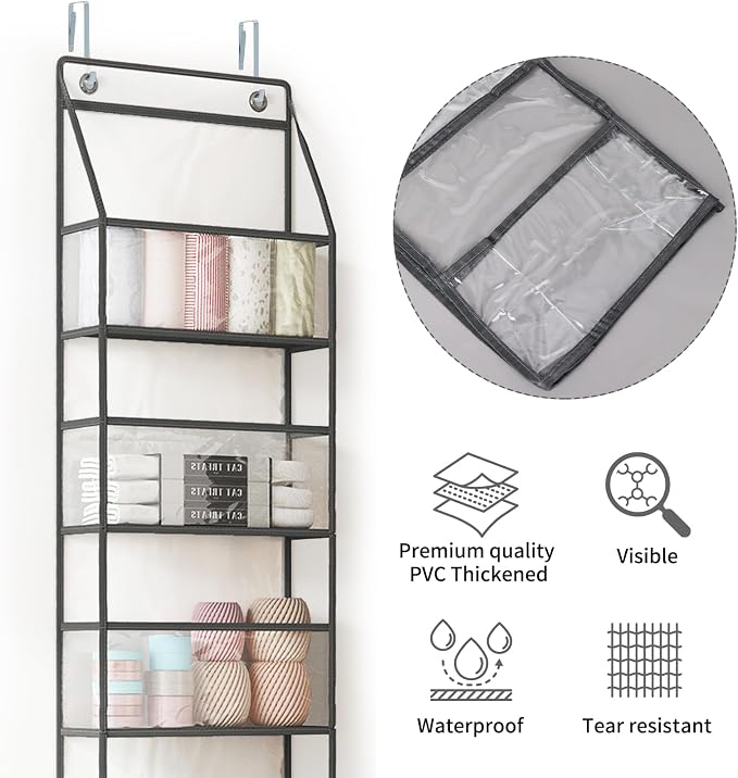 Fixwal 5 Shelves, Clear Plastic Pockets, Sturdy Hanging Design, for Pantry Closet Bedroom Nursery and Bathroom Storage