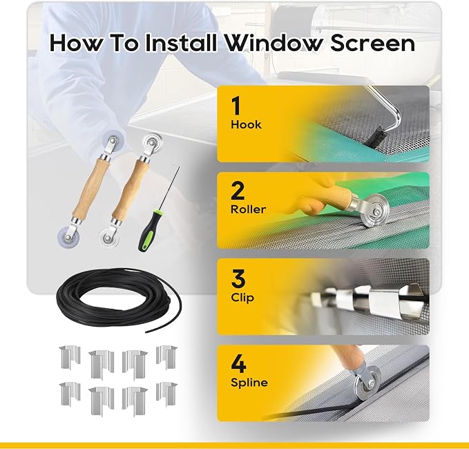 King&Charles Window Screen Replacement, 6in1 Window Screen Door Repair Kit | 59"x106" Gray Screen Mesh, Steel/Nylon Bearing Roller, 0.14in x 50ft Spline, 8 Clips & Hook for Windows, Doors, Patio & RV