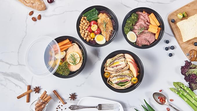 Jaluxing 32 oz 150 ct Round Meal Prep Containers with Lids Plastic Food Storage Lunch Plan To Go Box Disposable Take Out Bowl Black BPA Free Reusable Stackable Microwave Freezer Safe (Formerly FULING)