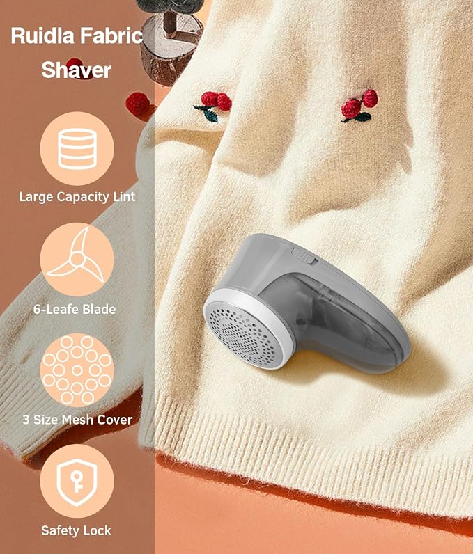 Ruidla Fabric Shaver Lint Remover,Sweater Shaver with Replaceable Stainless | Steel 6-Leaf Blades, Fabric Defuzzer for Clothes Fuzz, Lint Balls - Battery Operated(Grey)