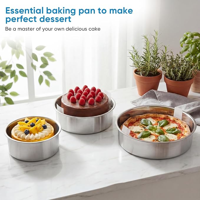 4 6 8 Inch 3-Piece Round Cake Pan Set with 150 Parchment Paper Liners, Stainless Steel Baking Pans with Handles, Includes Silicone Brush & Spatula, Layer Cake Baking Set for Cheesecake, Birthday Cake