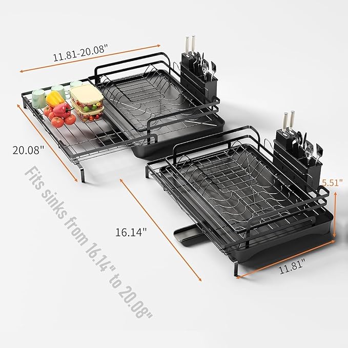 PureBox Extendable Dish Rack for Kitchen Sink - Heavy-Duty Adjustable Over Sink Drying Rack with Utensil Holder & Drain Tray, Space Saving Steel Frame Dish Rack (Black)