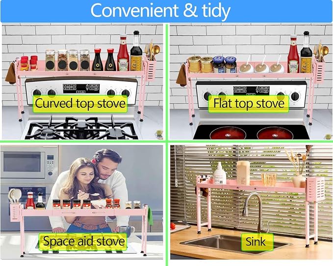 Horynar Over Stove Shelf Stove Top Organizer Shelf for Kitchen with Extra Basket and Hooks Adjustable 27 to 32 Inches Pink Over the Sink Spice Rack for Countertop (Pink)
