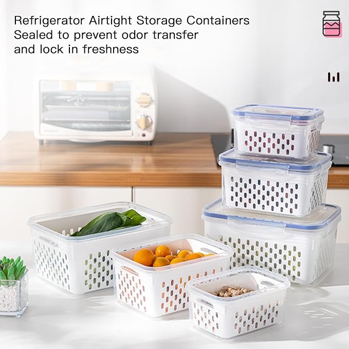 3PCS Fruit Storage Containers for Fridge – Airtight Produce Saver with Removable Drain Basket, BPA-Free Berry Keeper, Stackable Food Storage Containers for Vegetables, Lettuce & Meal Prep (Blue)
