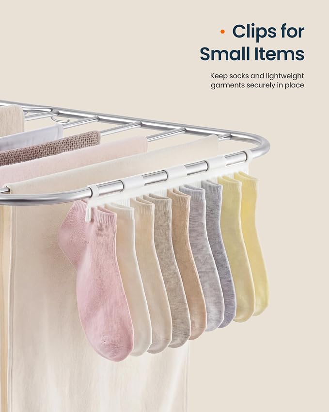 SONGMICS HOME Clothes Drying Rack with Wings, Foldable Laundry Rack with Sock Clips, Drying Clothes, Adjustable Height Airer for Indoor Outdoor Use, Silver and White