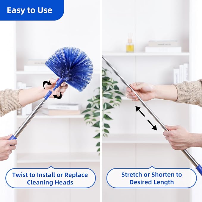 Microfiber Duster for High Ceiling Fan Blades, Cobweb with Extension Pole Adjusts 15-82 Inch, Reusable Cleaning Duster Kit with 3 Duster Heads for Wall Blinds Door Furniture Bookshelves (Blue)