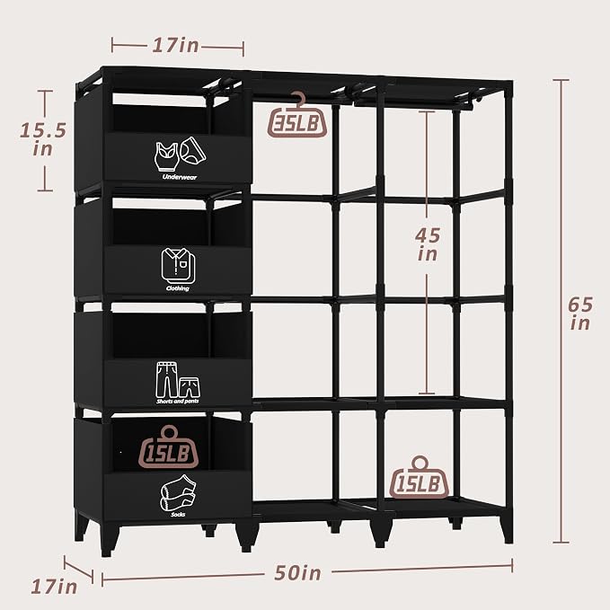 Portable Closet, Easy Assembly, Large Capacity Wardrobe Closet, Sturdy and Stable Clothes Rack with Shelves 4 Storage Baskets and 2 Hanging Rods, for Bedroom and Cloakroom Black