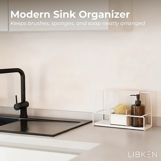 LIBKEN Kitchen Sponge Holder with Drying Stone – Warm Grey Powder Coated Metal Sink Caddy – Minimal Scandinavian Design Sponge Rack for Kitchen Sink Organization & Elegant Countertop Storage